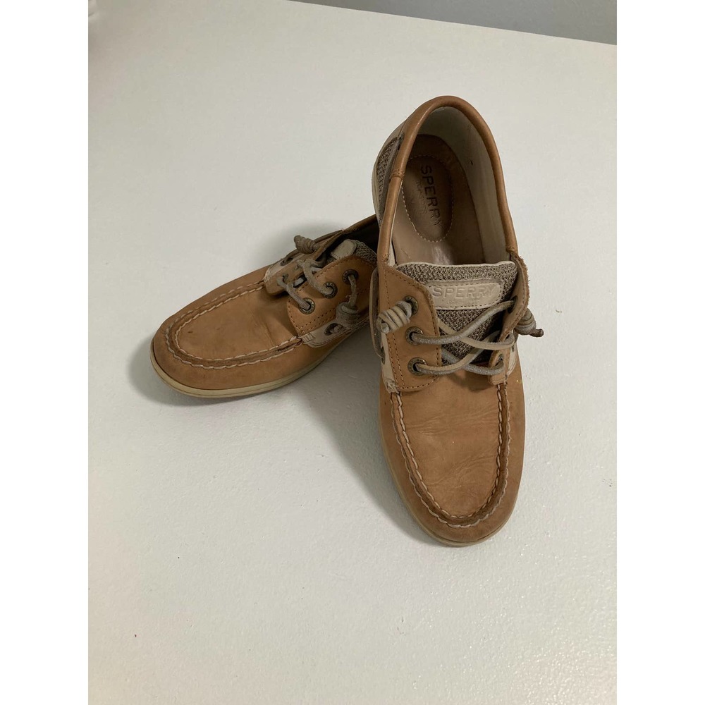 SPERRY Size 7.5 Leather Top Sider Boat Shoes, Light Brown and Knit